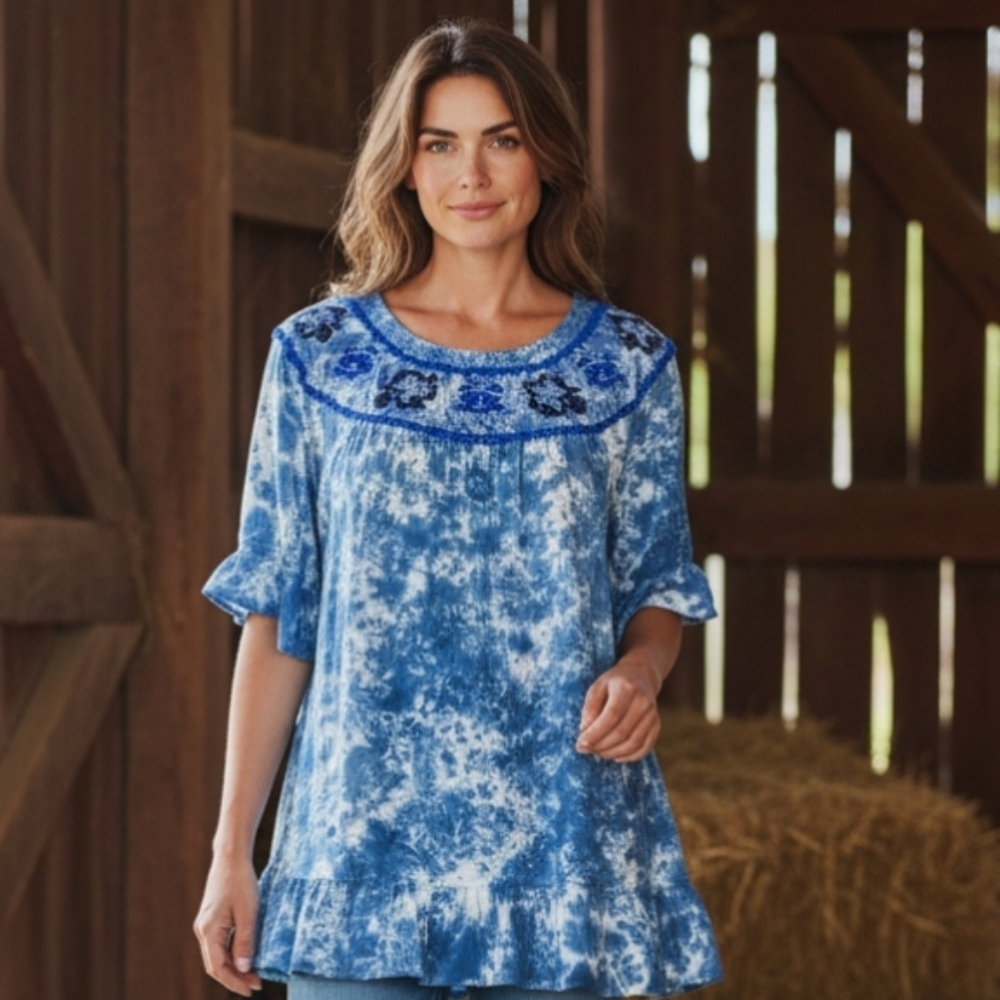 Anthropologie Acid Wash Embroidered Top